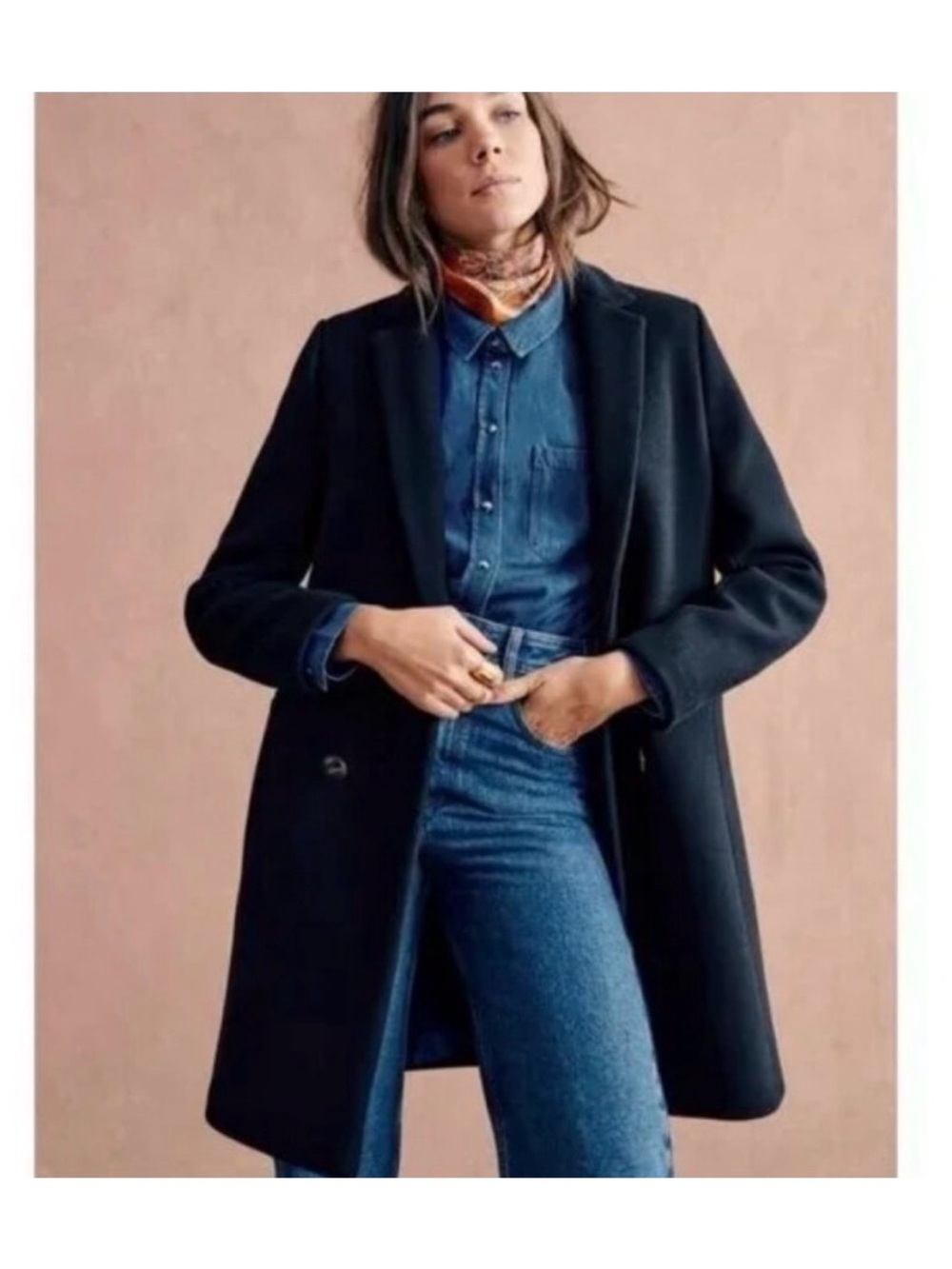 SEZANE Classic Navy Women's Pea Coat‎ - Clean Tailored Wool Blend